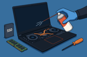 Notebook se začal přehřívat, větráky hučí a při hraní nebo i běžné práci jedou naplno? Možná není hned potřeba měnit teplovodivou pastu – často stačí pořádně vyčistit ventilátory a chladicí mřížky. V tomhle článku (a videu) ti ukážu, jak jsem čistil herní notebook Acer Nitro 5, který měl už po roce a půl používání vážné problémy s teplotou. Zákazník je silný kuřák, takže chlazení bylo plné prachu a usazenin z cigaretového kouře. Notebook zatím nebylo potřeba přepastovávat – po důkladném vyčištění chladí opět jako nový.